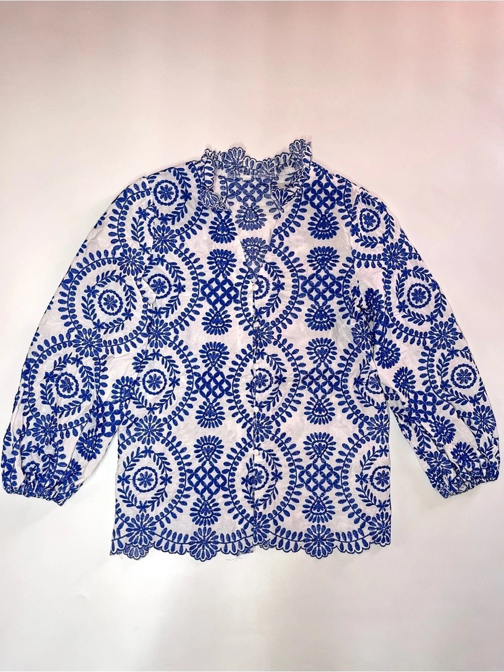 Embroidered Floral Blouse in White & Blue Like New